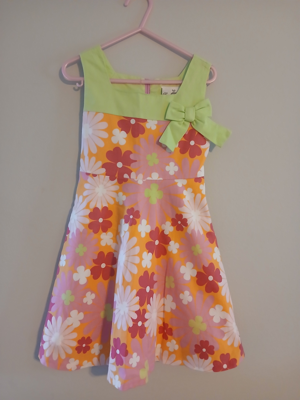 Rare Editions Pink Orange Floral Dress with Lime Bow